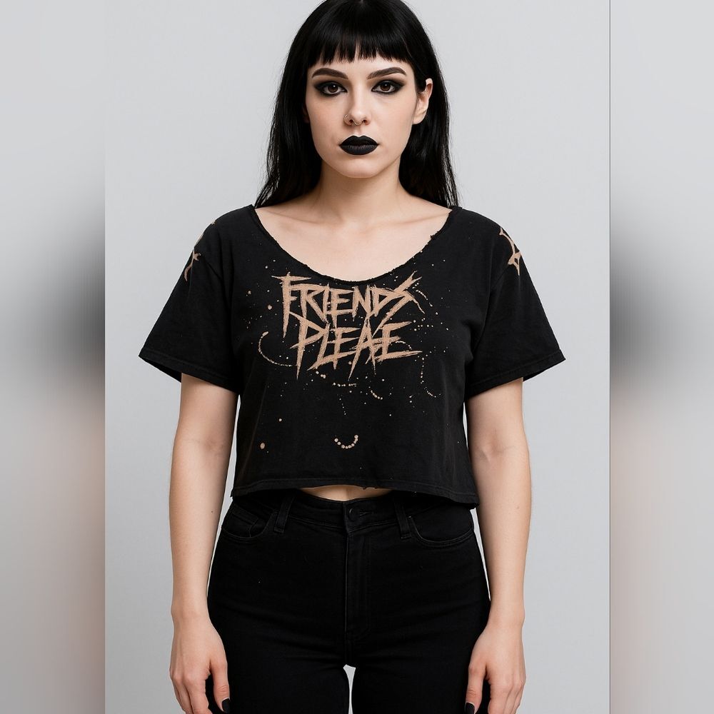 Friends Please Stay Alive Bleach Graphic Tee Black Thrashed Goth Punk DIY Emo